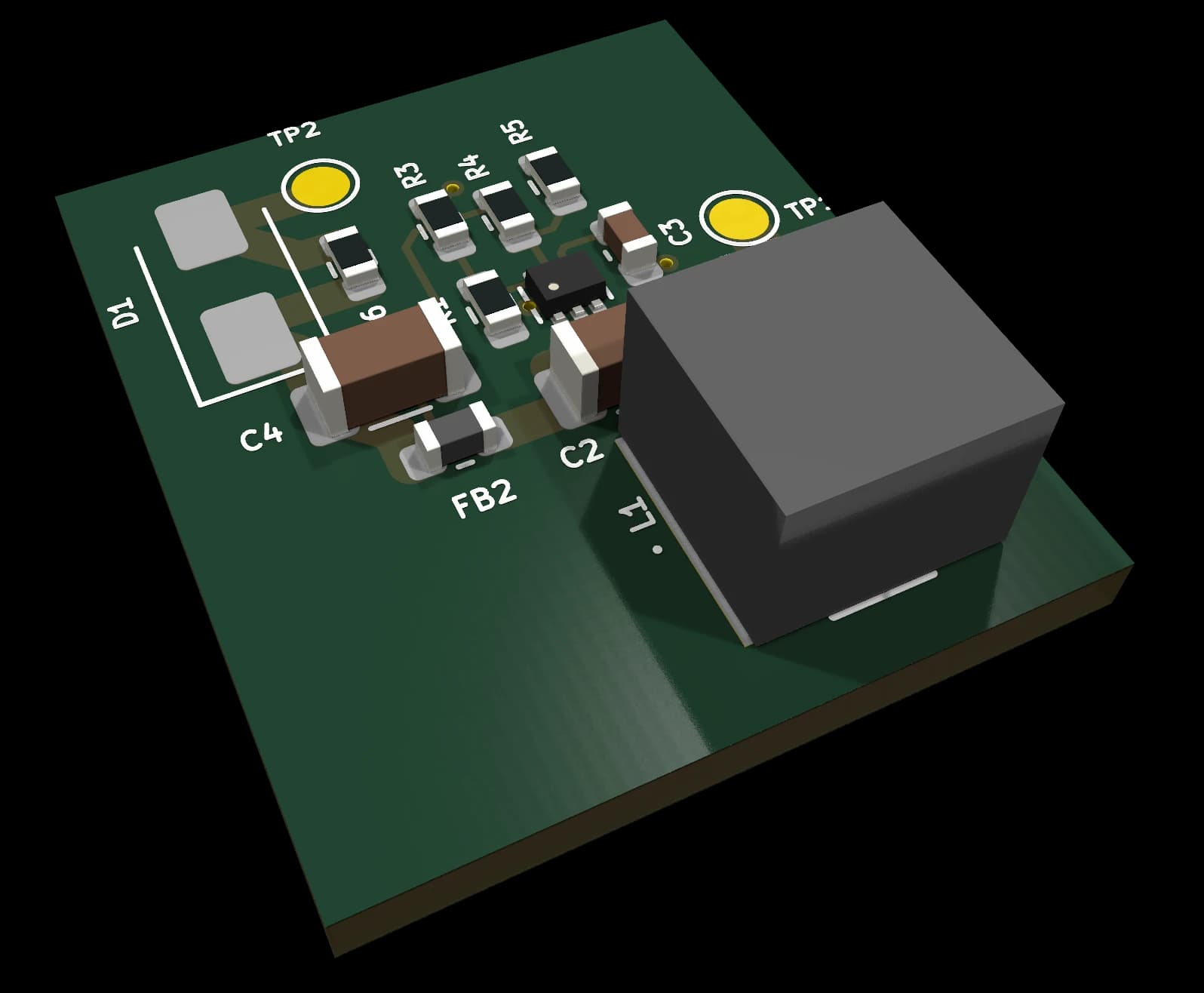 3D render of the 0101 Buck converter 3.3 V / 5 V, 2 A, Vin up to 17 V (TPS562203) KiCad design block