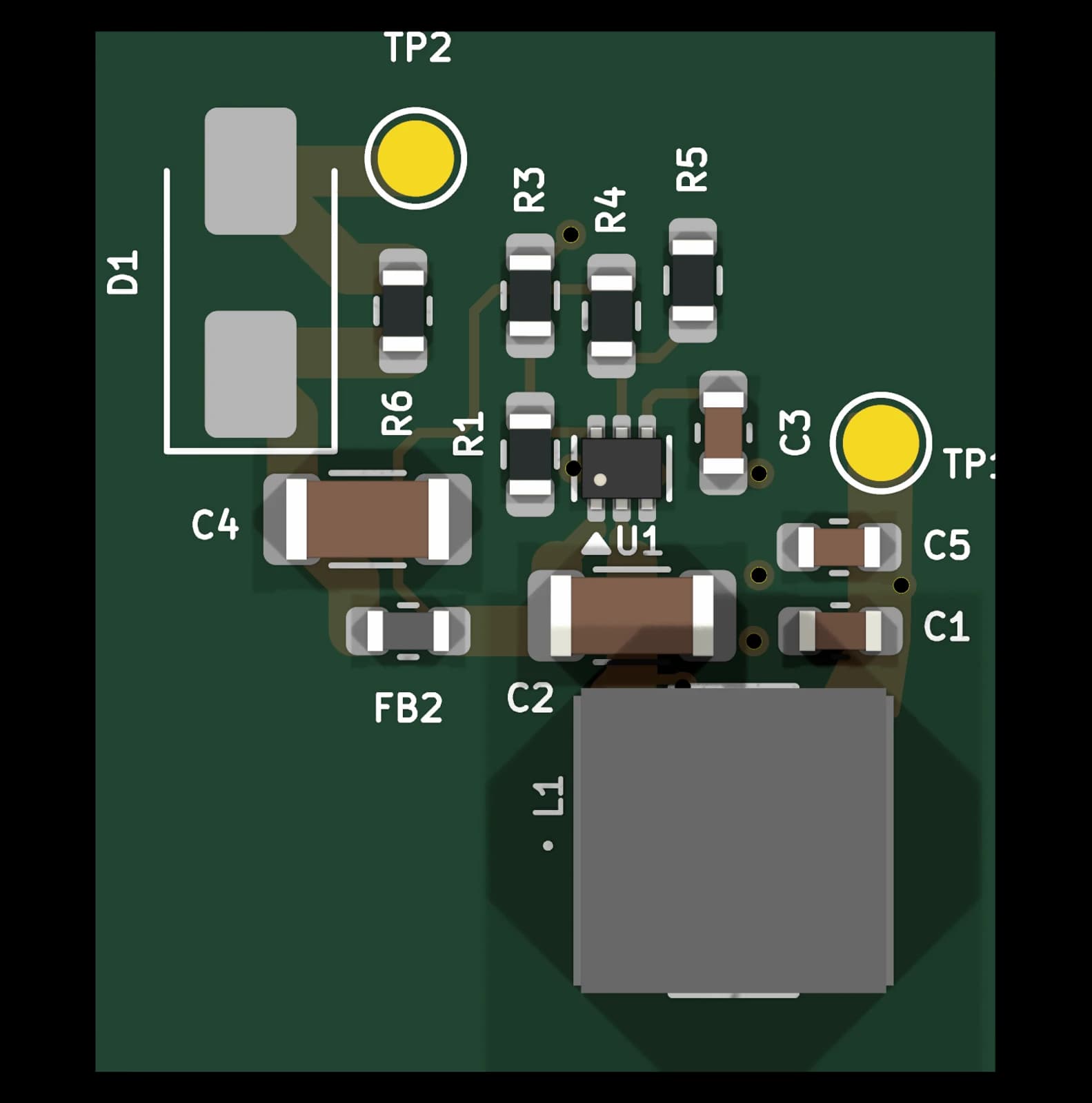 3D render of the 0101 Buck converter 3.3 V / 5 V, 2 A, Vin up to 17 V (TPS562203) KiCad design block