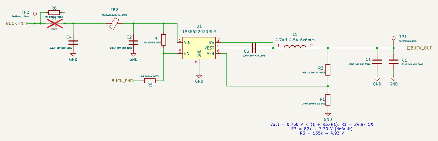 Schematic of the 0101 Buck converter 3.3 V / 5 V, 2 A, Vin up to 17 V (TPS562203) KiCad design block