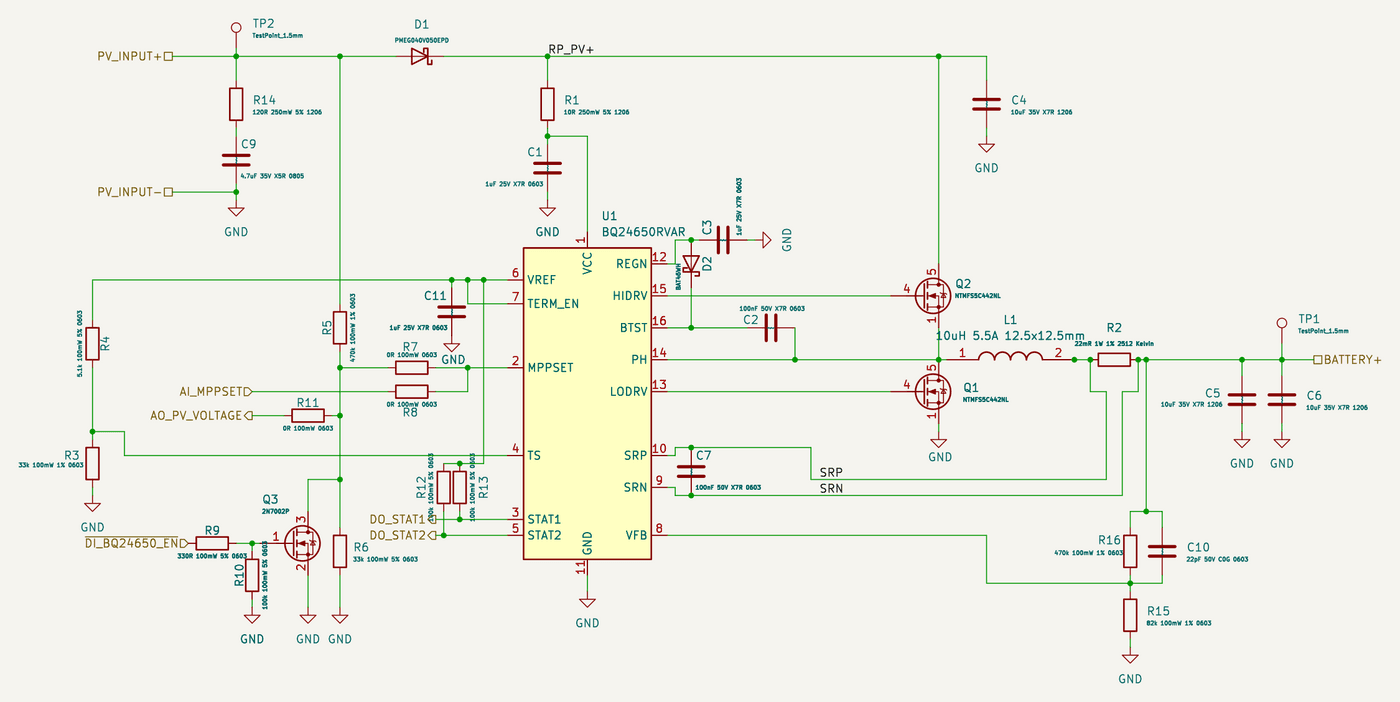Schematic of the 0120 MPPT solar charger, lead-acid output (BQ24650) KiCad design block
