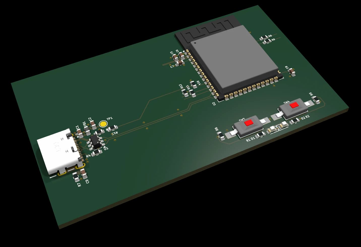 3D render of the 0140 ESP32-S3 core controller, WROOM-2 module KiCad design block