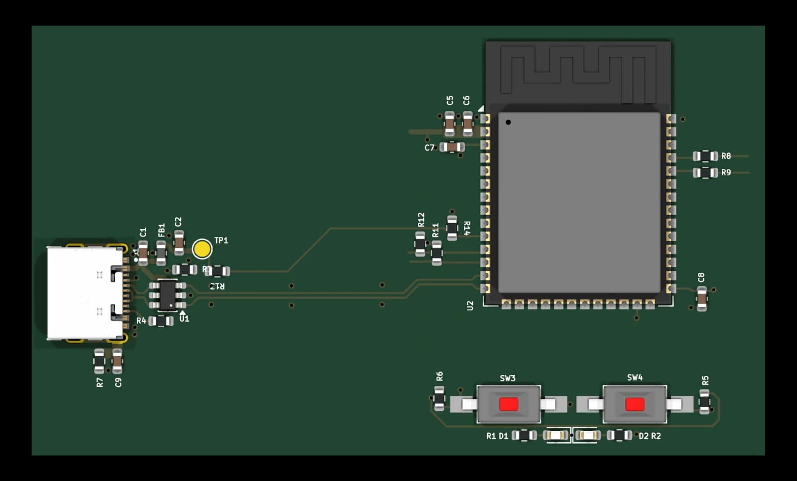 3D render of the 0140 ESP32-S3 core controller, WROOM-2 module KiCad design block