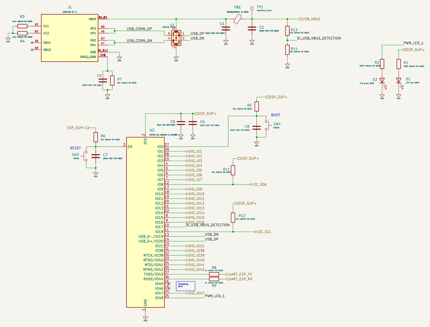 Schematic of the 0140 ESP32-S3 core controller, WROOM-2 module KiCad design block