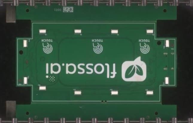 Assembled Flossa AI Controller board, bottom side photo with LEDs and touch pads