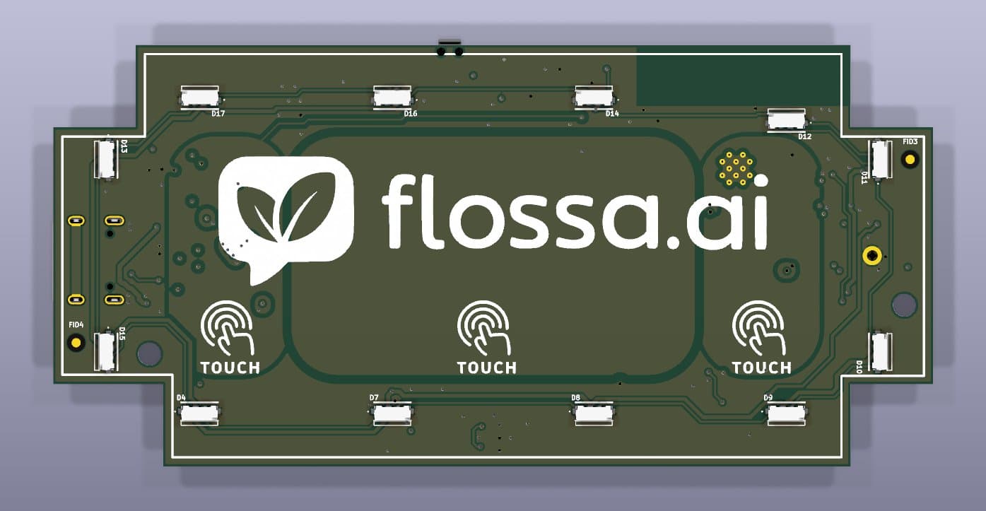 Flossa AI Controller PCBA, 3D render, bottom view