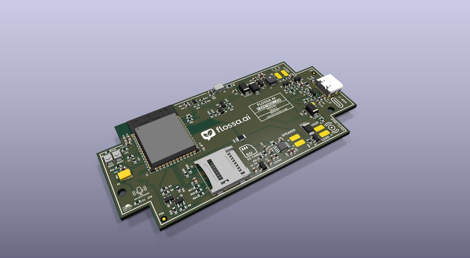 Flossa AI Controller PCBA, 3D render, isometric view