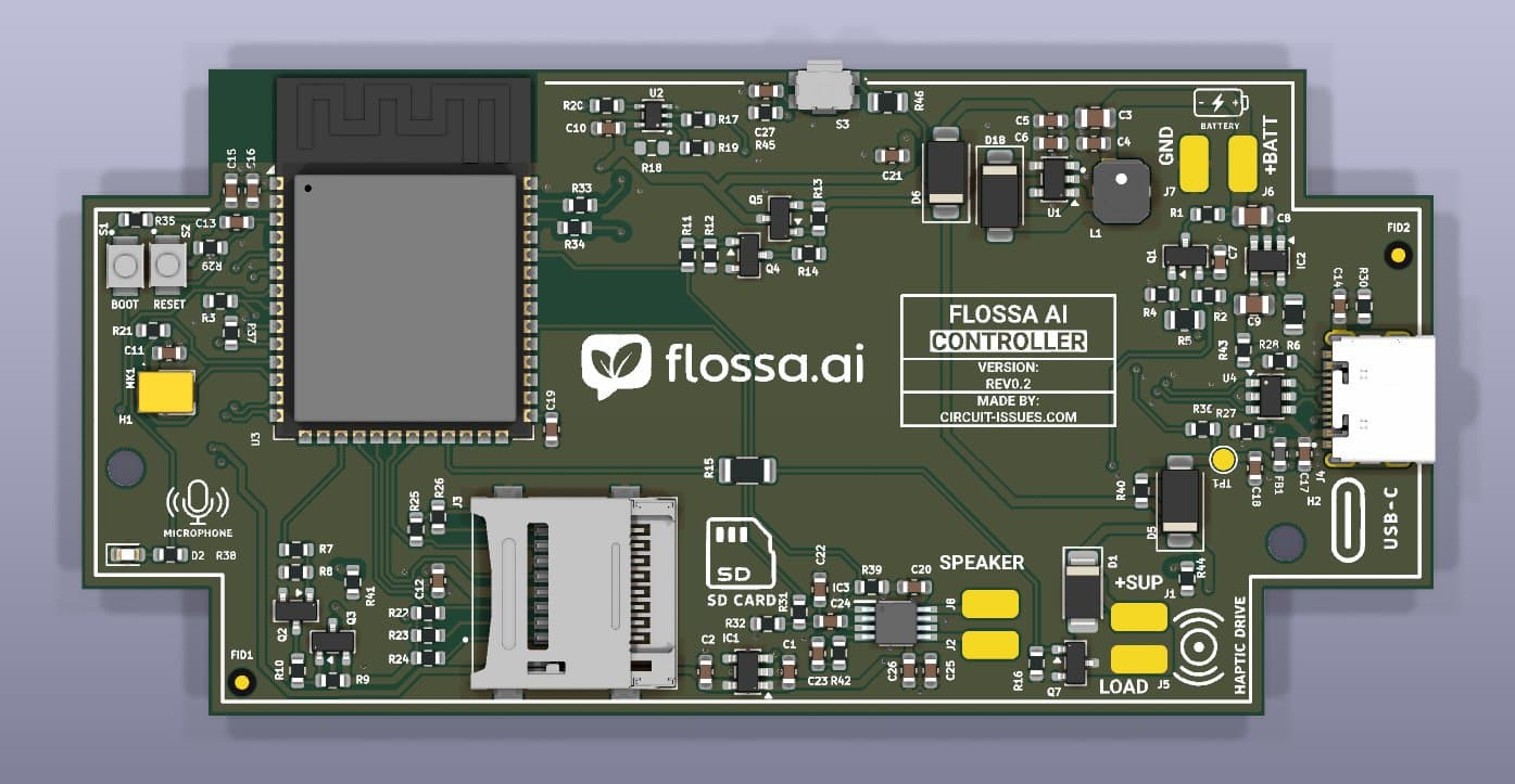 Flossa AI Controller PCBA, 3D render, top view