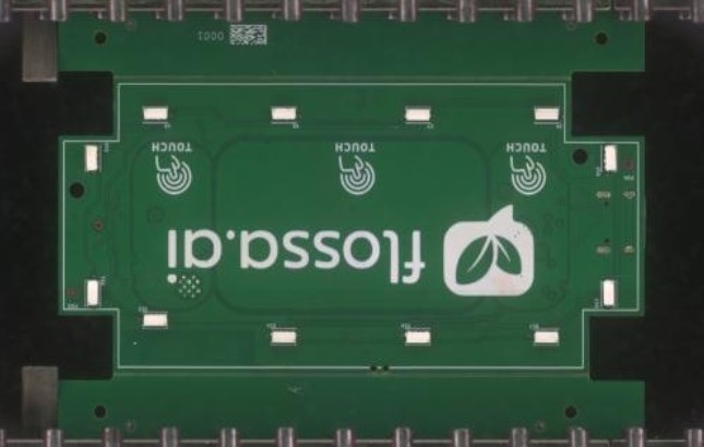 Assembled Flossa AI Controller board, bottom side with LED ring and touch pads